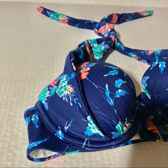 VICTORIAS SECRET VS Floral Push Up Bikini Blue Halter Swim Bra Top Womens 32B - Picture 5 of 10